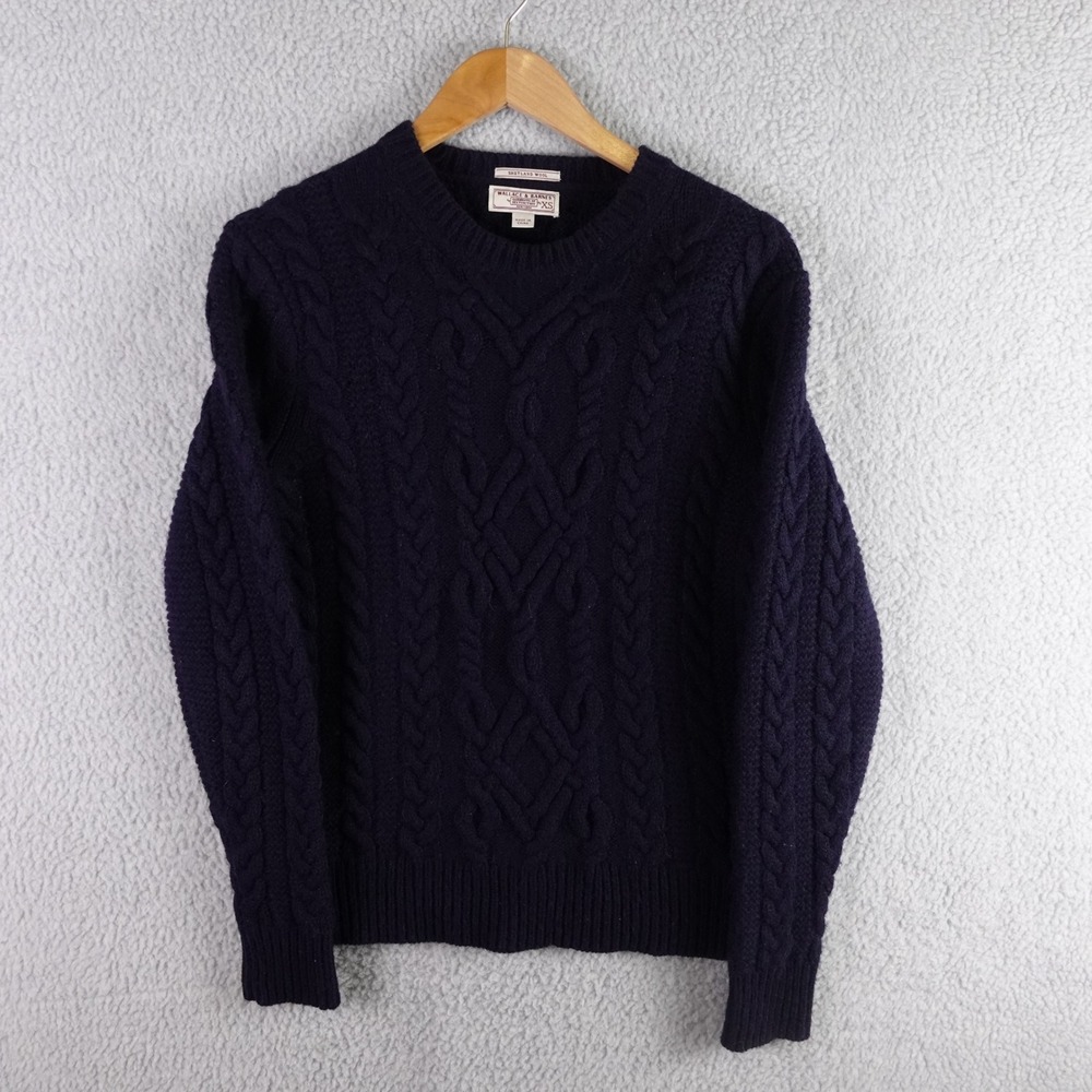 Wallace & Barnes Shetland Wool Cable Knit Crewneck Sweater Navy‎ Blue Mens XS